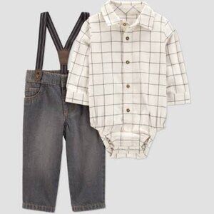 NWT Carter’s Toddler Boy Outfit 2T Suspenders Jeans & Plaid Button Bodysuit Set